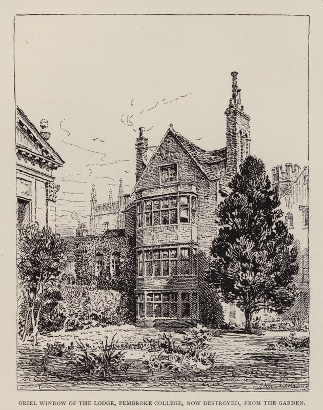 Cambridge: Köşkün Oriel Penceresi, Pembroke Koleji, şimdi bahçeden yok edildi (gravür) by English School