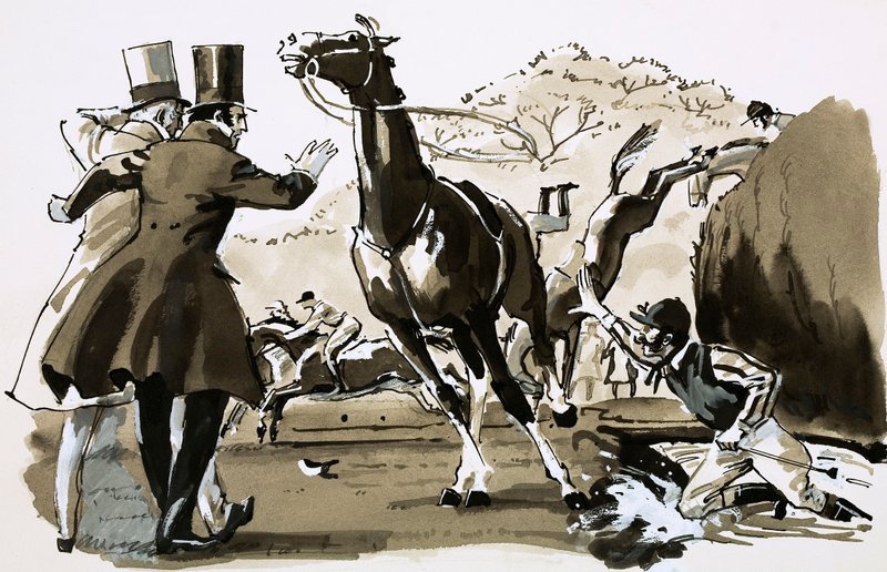 Kaptan Becher, Grand National sırasında bir çite atıldı (kağıt üzerine guaj boya) by English School