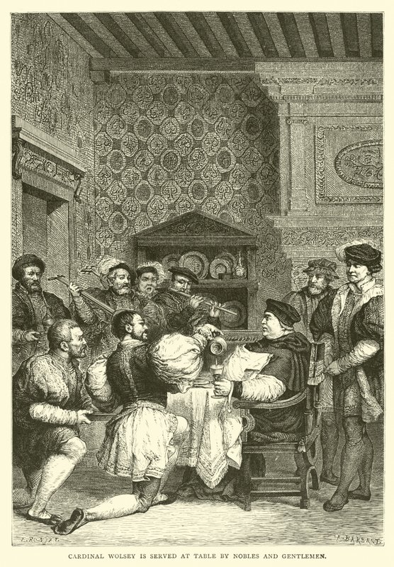 Kardinal Wolsey, soylular ve beyler tarafından masada servis edilir. by English School