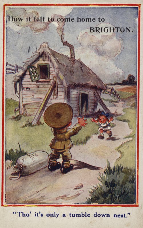 Küçük çocuk askerin kıza dönüp evini yok ettiği karikatür propaganda kartpostalı by English School