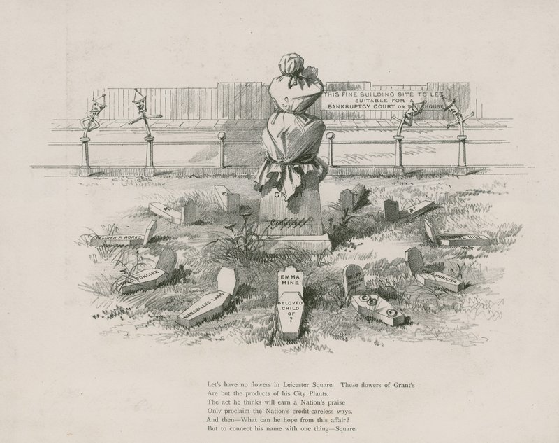 Karikatür, Albert Grant üzerine hiciv, onun karanlık spekülasyonlarını temsil eden mezarlar by English School