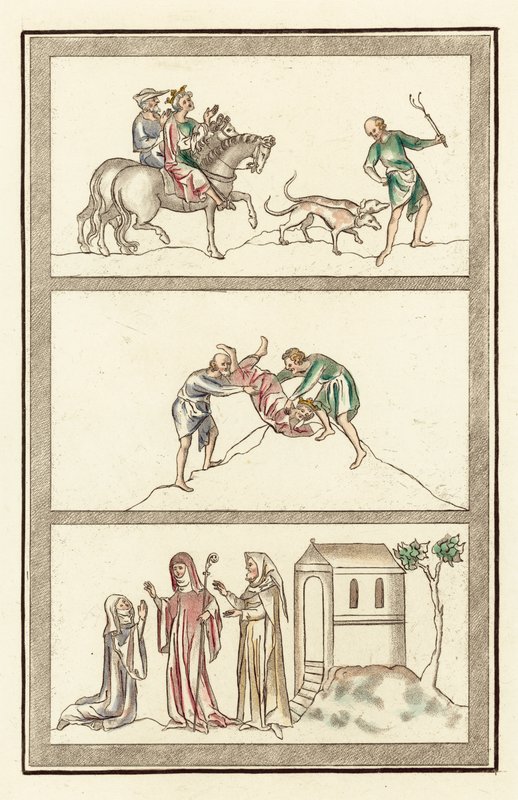 Cenelm, Mercia Kralı, avcılık, Kral, Başrahibe, rahibe ve ankraj cinayeti (renkli gravür) by English School