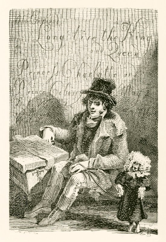 Charles Wood, kör bir adam, elinde bir organ ve dans eden bir köpek var. by English School
