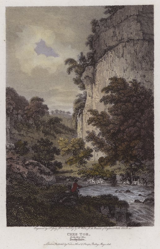 Chee Tor, Wye Nehri üzerinde, Derbyshire (renkli gravür) by English School