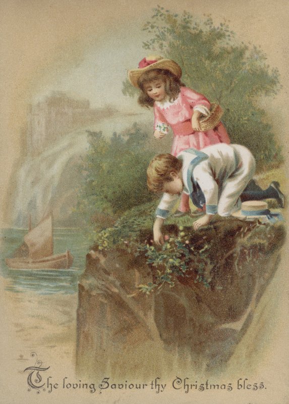 Nehir kıyısında çiçek toplayan çocuklar, Noel kartı (chromolitho) by English School
