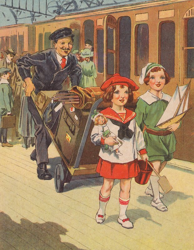 Tatil için trenle seyahat eden çocuklar (renkli taş) by English School