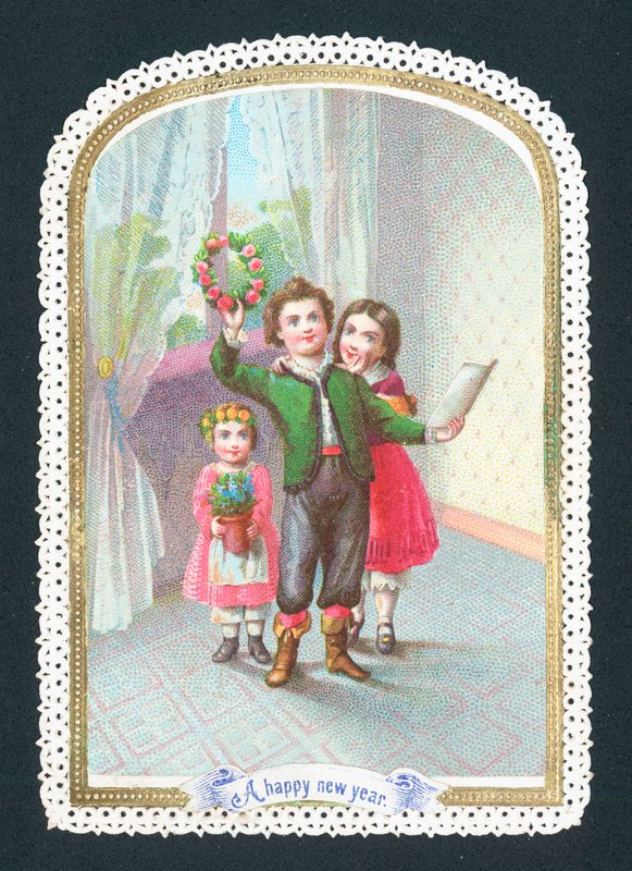 Çelenk ve çiçeklerle çocuklar, Yeni Yıl Kartı by English School