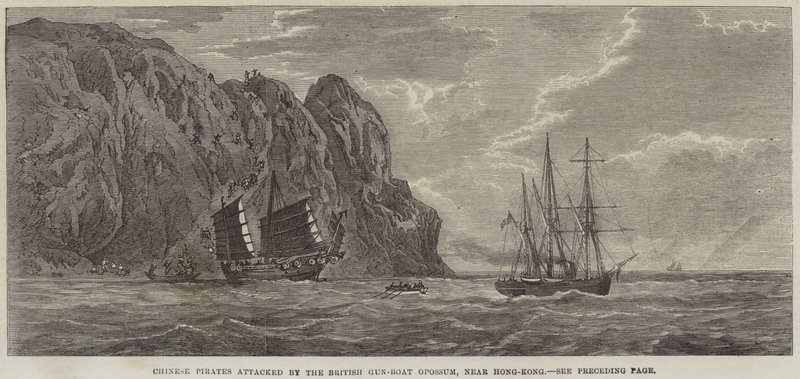 Çinli Korsanlar Hong-Kong yakınlarındaki İngiliz Gun-Boat Opossum tarafından saldırıya uğradı (gravür) by English School