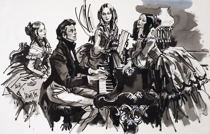 Chopin kadın hayranları ile (kağıt üzerine guaj) by English School