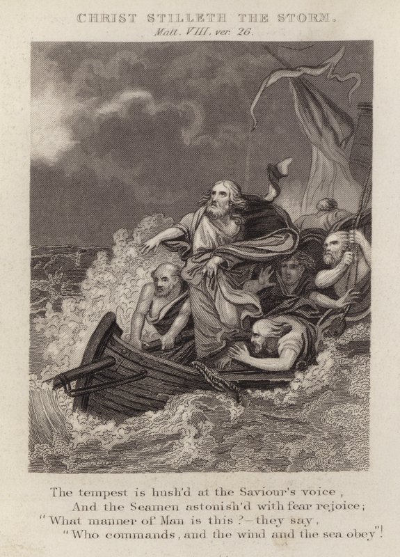 Mesih fırtınayı durdurur, Matta VIII, ver 26 (gravür) by English School