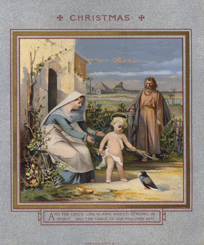 Noel kartı: İsa, ebeveynleri tarafından gözetlenen bir güvercinle oynuyor (chromolitho) by English School