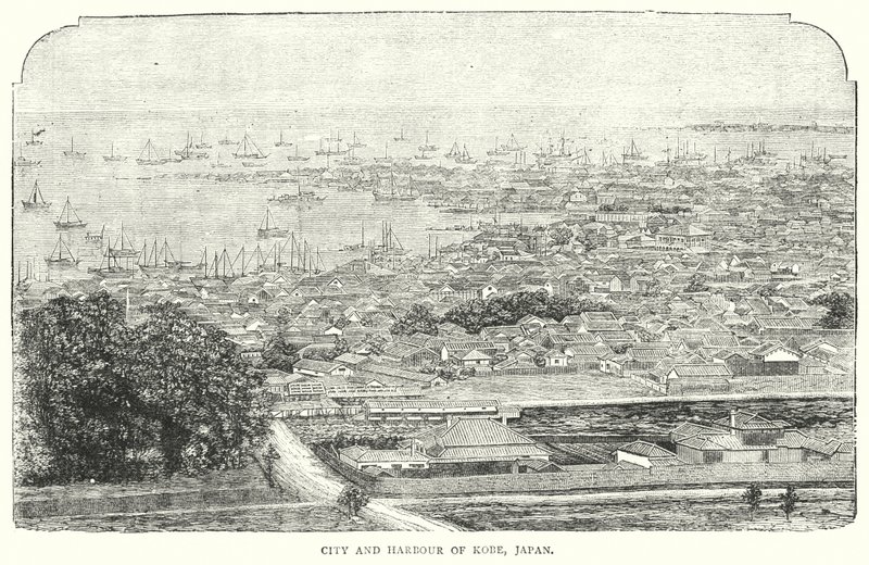 Şehir ve Kobe Limanı, Japonya (gravür) by English School