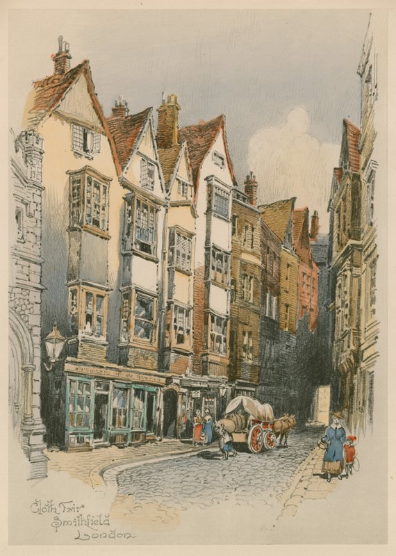Cloth Fair, Smithfield, Londra, suluboya çizimi (kağıt üzerinde wc) by English School