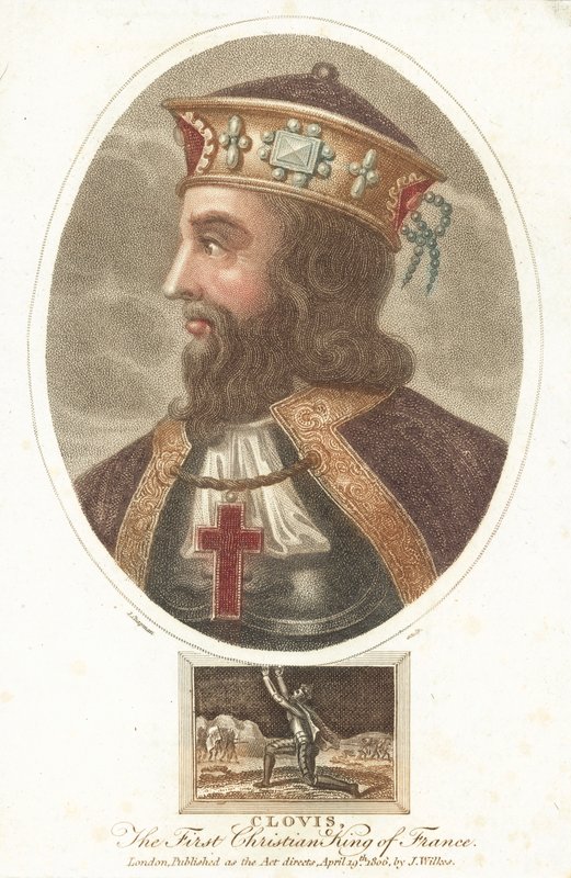 Clovis I, Frankların ilk Hıristiyan Kralı (renkli gravür) by English School