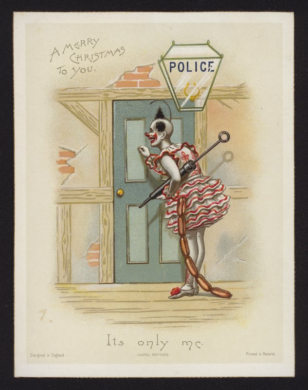Bir polis karakolunun kapısını çalan palyaço (chromolitho) by English School