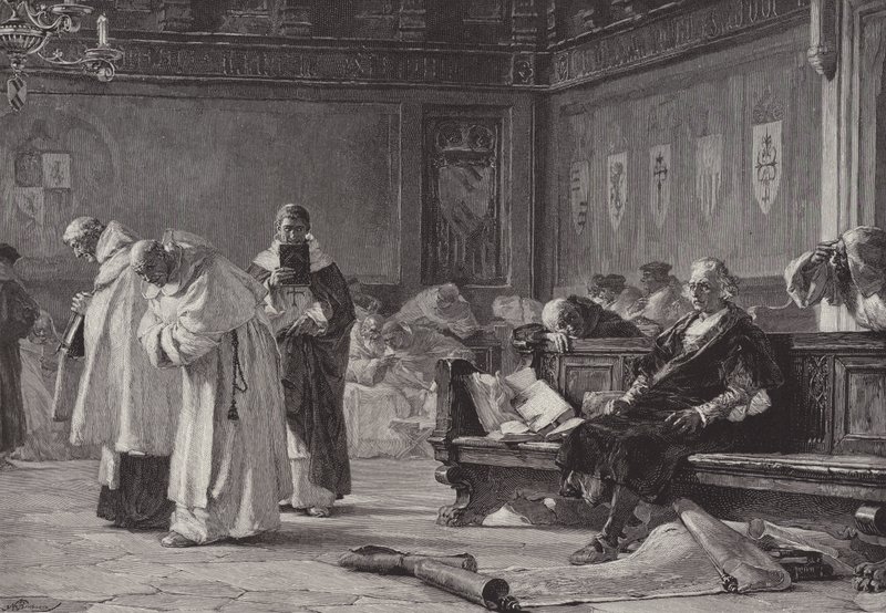 Salamanca Konseyi önünde Kolomb (gravür) by English School