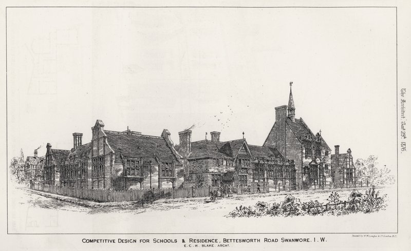 Okullar ve Yurtlar için Rekabetçi Tasarım, Bettesworth Road, Swanwore, Wight Adası (gravür) by English School