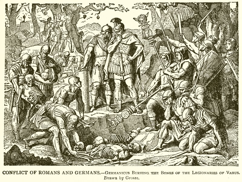 Romalılar ve Almanların Çatışması.--Germanicus, Varus Lejyonerlerinin Kemiklerini Gömüyor by English School