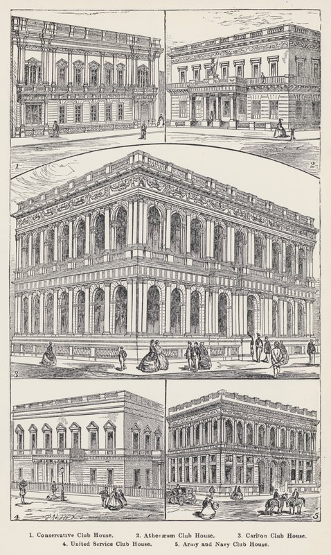 Muhafazakar Kulüp Evi, Athenaeum Kulüp Evi, Carlton Kulüp Evi, Birleşik Hizmet Kulübü Evi, Ordu ve Donanma Kulübü Evi (gravür) by English School