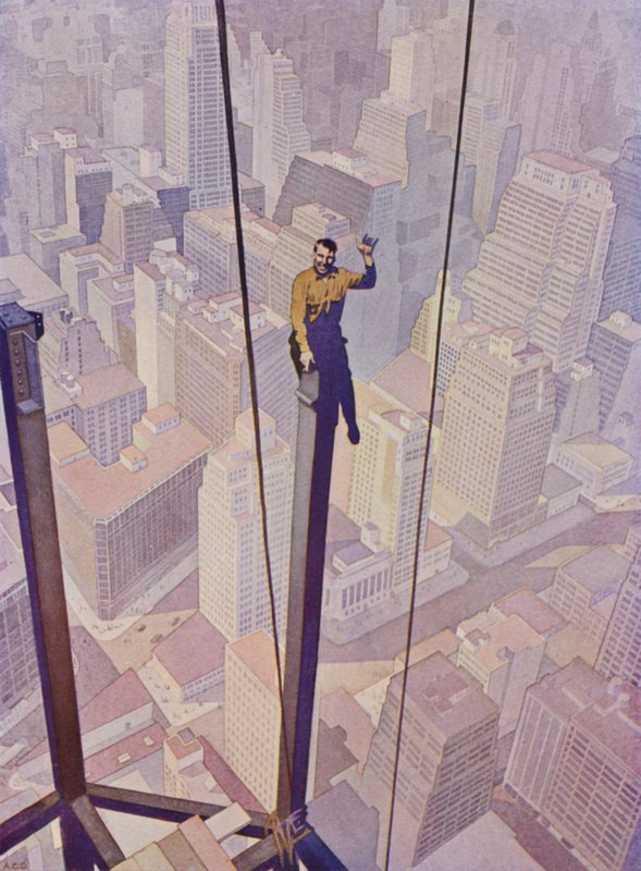 New York City, New York, ABD (renkli taş) sokaklarının üzerinde bir gökdelenin çelik çerçevesindeki inşaat işçisi by English School