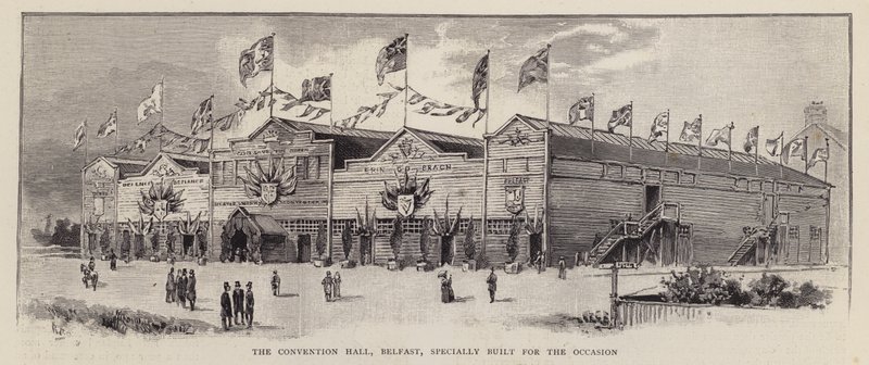 1892 Ulster İttihatçı Sözleşmesi için inşa edilen Belfast Kongre Salonu, Ulster İttihatçılarının İrlanda Ana Kuralına (litho) muhalefetini göstermek için düzenlendi by English School