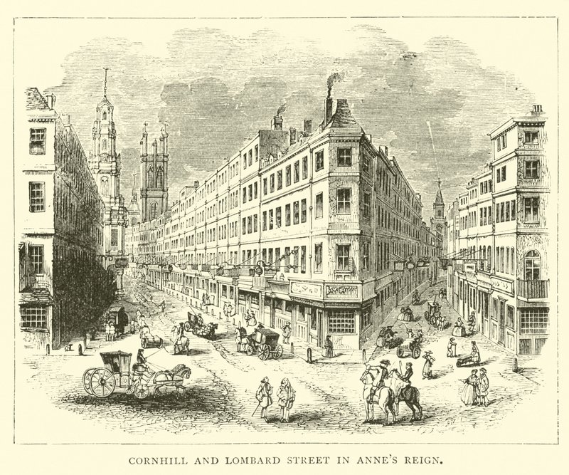 Annes saltanatı Cornhill ve Lombard Street by English School