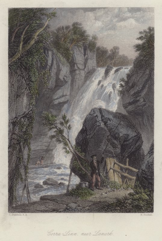 Corra Linn, Lanark, İskoçya yakınlarında (renkli gravür) by English School