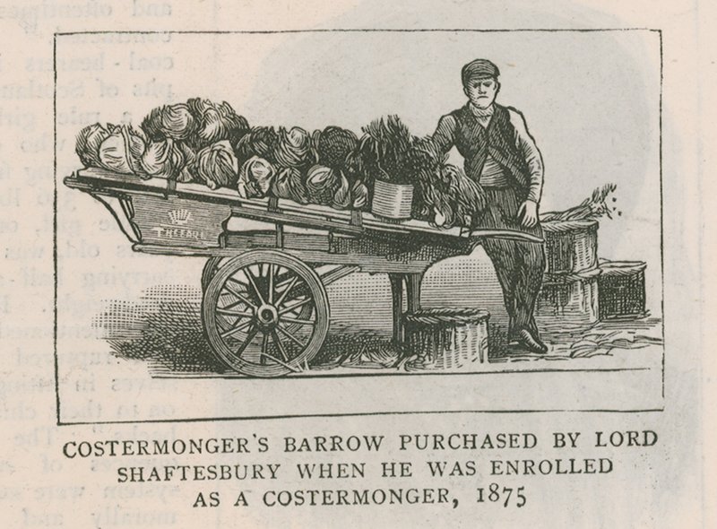 Costermonger barrow, Lord Shaftesbury tarafından bir maliyet satıcısı olarak kaydolduğunda satın alındı, 1875 by English School