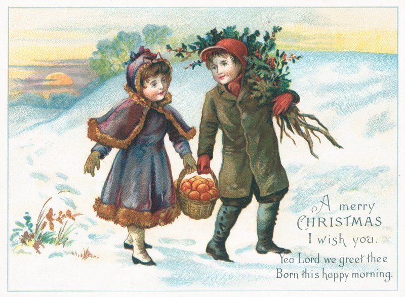 Meyve ve holly sepeti taşıyan çift, Noel Kartı by English School