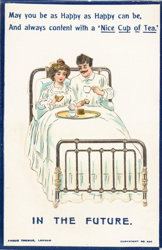 Yatakta çay içen çift, kart by English School