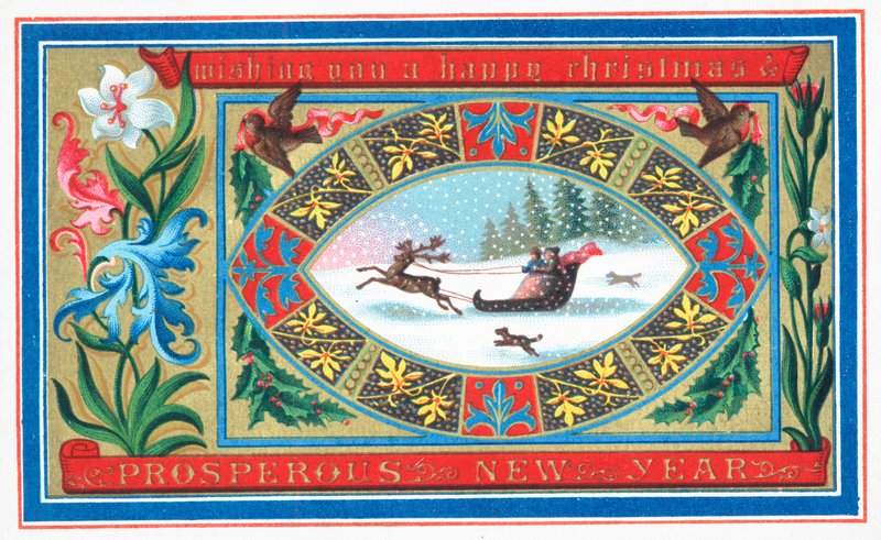 Çiçeklerle çevrili çift kızak, Noel kartı by English School