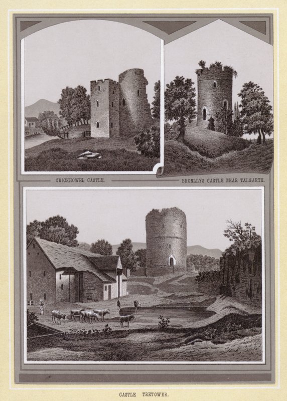 Crickhowel Kalesi; Talgarth yakınlarındaki Bronllys Kalesi; Tretower Kalesi (lito) by English School