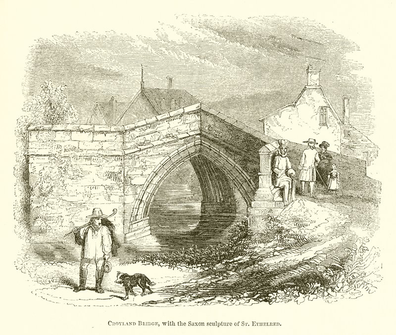 St. Ethelred Sakson Heykeli ile Croyland Köprüsü (gravür) by English School