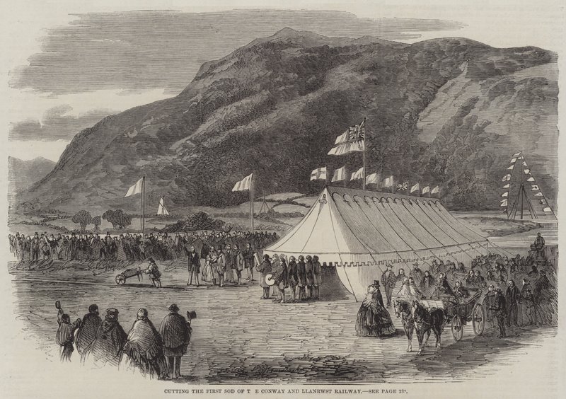 Conway ve Llanrwst Demiryolunun İlk Sodunu Kesmek (gravür) by English School