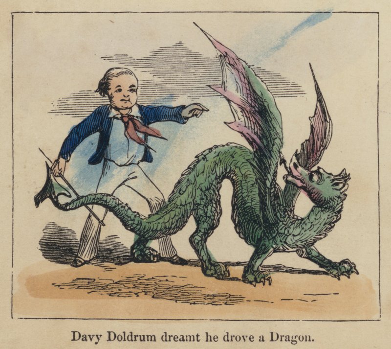 Davy Doldrum bir ejderha sürdüğünü hayal etti (renkli gravür) by English School