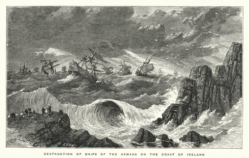 İrlanda kıyısındaki Armada gemilerinin imhası (gravür) by English School