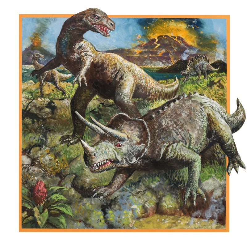 Yanardağlı dinozorlar (kağıt üzerine guaj) by English School