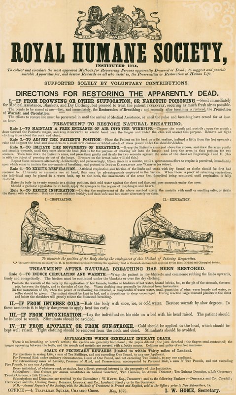 Görünürde ölü olanı restore etmek için talimatlar; Royal Humane Society tarafından Mayıs 1872
