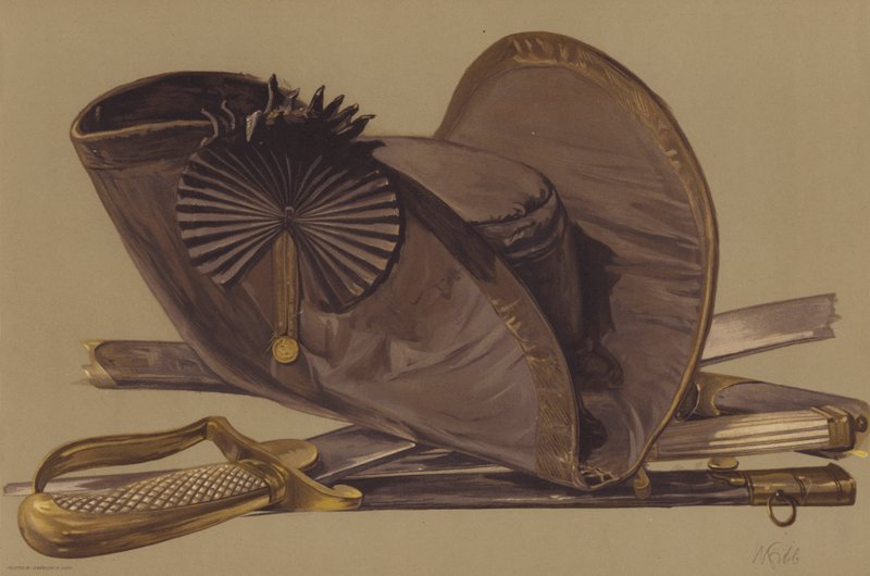 Lord Nelson'ın kaması, kılıcı ve eğik şapkası (kromolitho) by English School