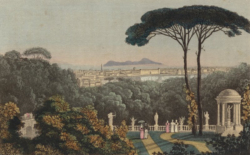 Napoli, İtalya'nın uzaktan görünümü (renkli gravür) by English School