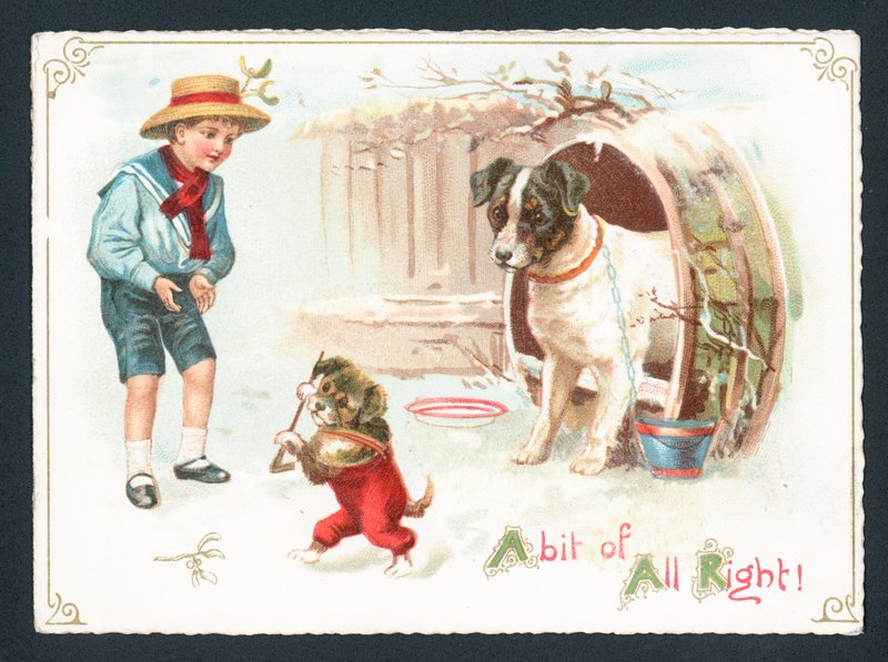 Köpek, Köpek Yavrusu ve Karda Oynayan Çocuk, Noel Kartı by English School