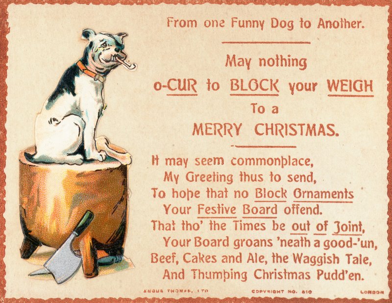 Doğrama bloğu, Noel kartı üzerinde oturan köpek by English School
