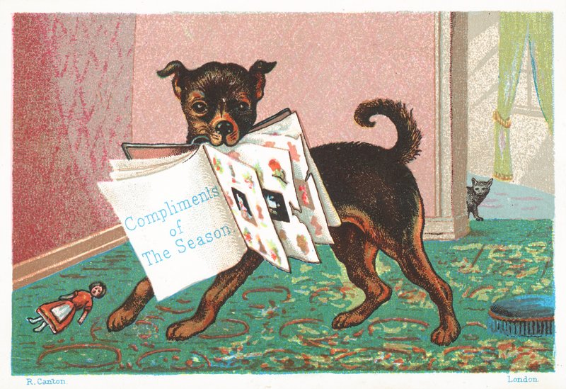 Ağzında kitap olan köpek, Noel kartı by English School