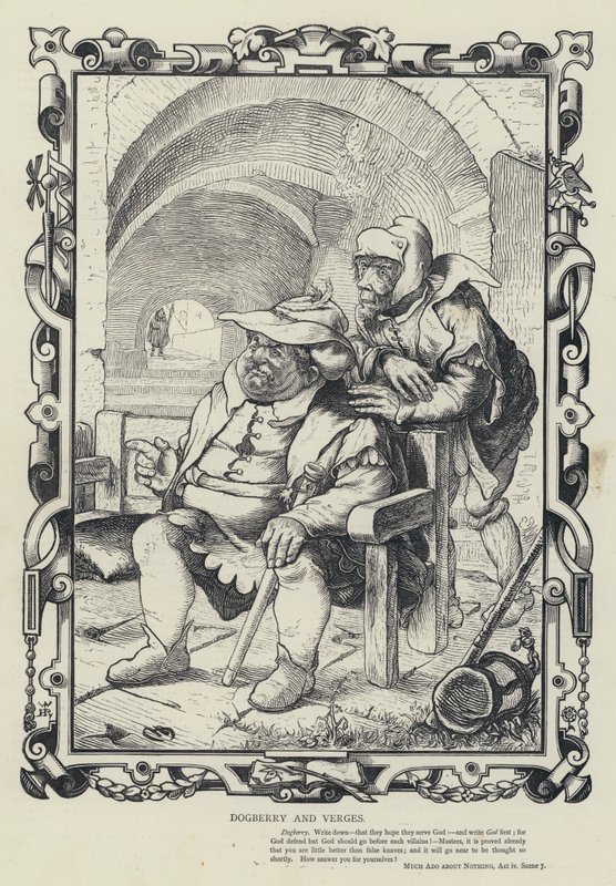 Dogberry ve Verges, Hiçbir Şey Hakkında Çok Ado, Act IV, Sahne 7 (gravür) by English School