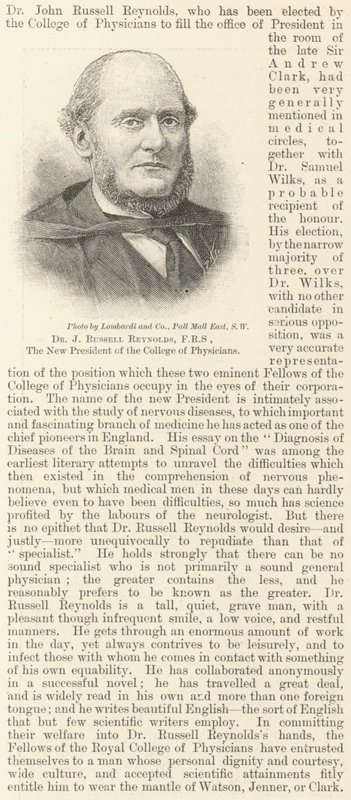 Dr J Russell Reynolds, FRS, College of Physicians
