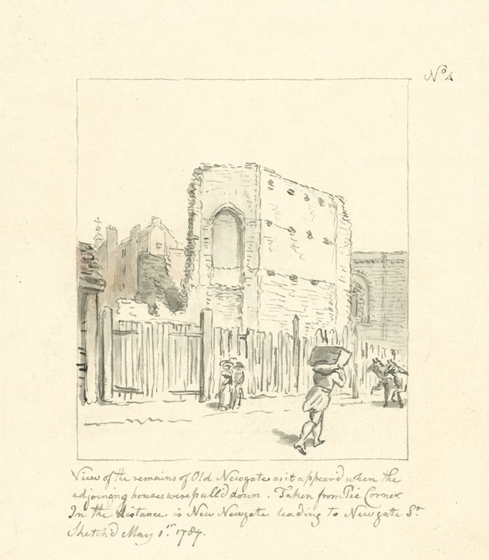 Eski Newgate kalıntılarının çizimi (kağıt üzerine mürekkep) by English School