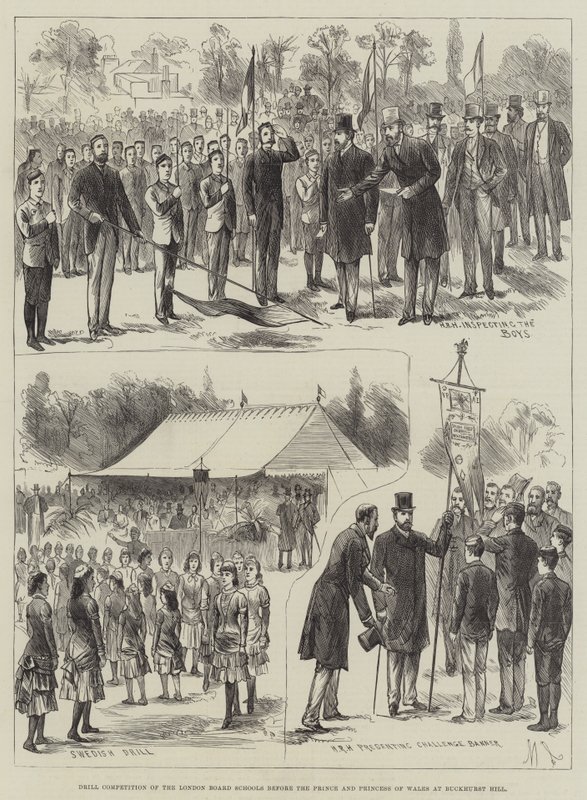 Buckhurst Tepesi'nde Galler Prensi ve Prensesi'nin huzurunda Londra Board Okullarının Tatbikat Yarışması (gravür) by English School