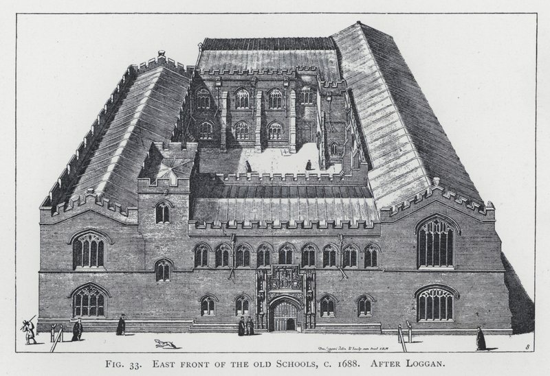 Eski Okulların doğu cephesi, c 1688, Loggan