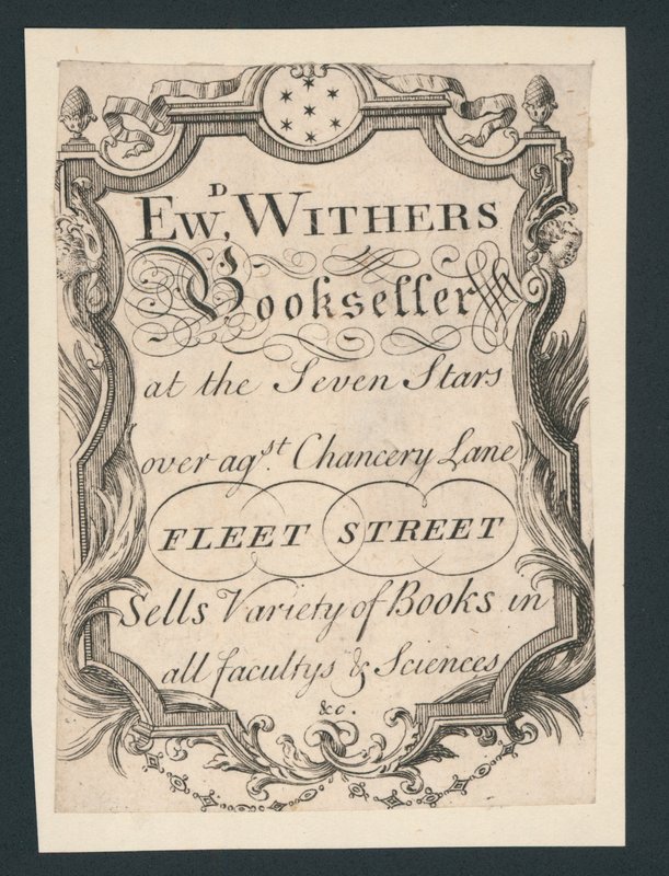 Edward Withers, Bookseller, Chancery Lane, Fleet Street, ticari kart by English School