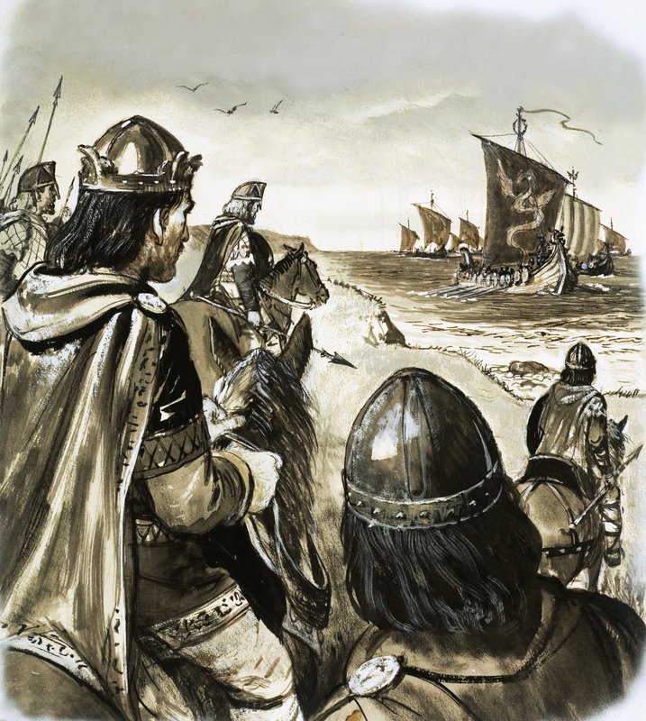 Edward the Confessor as a young king enduring trouble from Danish invaders by English School